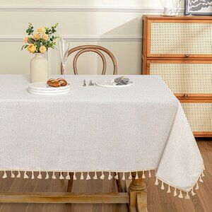 Premium 60x84 Rectangular Table Cover, Fade Resistant with Pleated Beige Tassels
